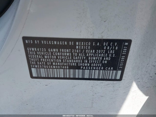 Продаж на аукціоні авто 2019 Volkswagen Jetta 1.4t Sel, vin: 3VWE57BU3KM087468, номер лоту: 45337722