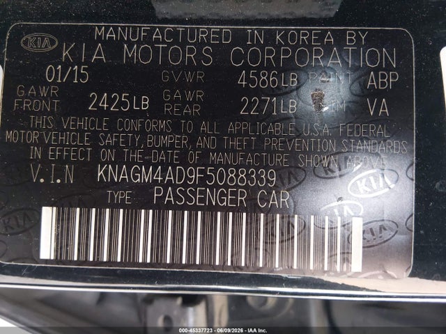 45337723 :رقم المزاد ، KNAGM4AD9F5088339 vin ، 2015 Kia Optima Hybrid مزاد بيع