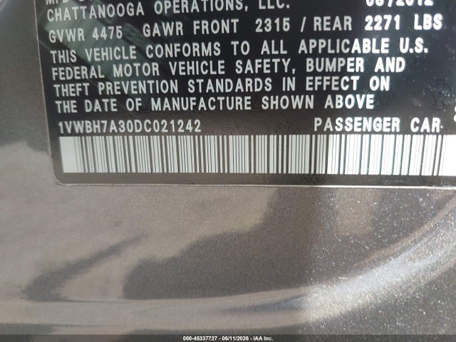 45337727 :رقم المزاد ، 1VWBH7A30DC021242 vin ، 2013 Volkswagen Passat 2.5l Se مزاد بيع