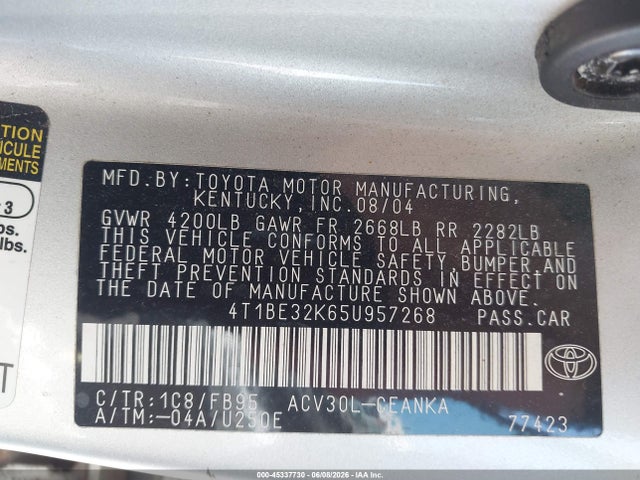 2005 Toyota Camry Std მანქანა იყიდება აუქციონზე, vin: 4T1BE32K65U957268, აუქციონის ნომერი: 45337730