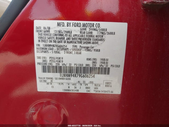 45337735 :رقم المزاد ، 1LNHM94R79G606254 vin ، 2009 Lincoln Mks مزاد بيع