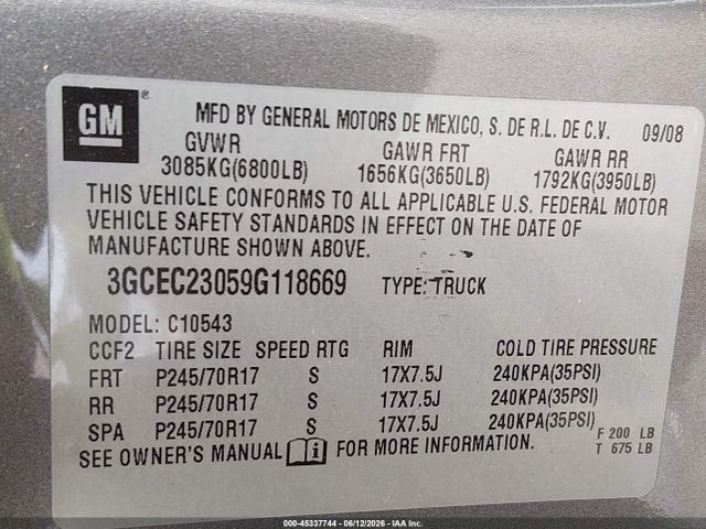 Продаж на аукціоні авто 2009 Chevrolet Silverado 1500 Lt, vin: 3GCEC23059G118669, номер лоту: 45337744