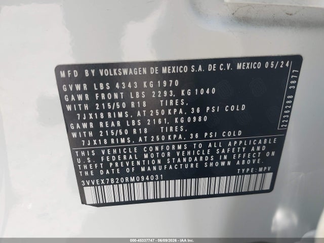 Продаж на аукціоні авто 2024 Volkswagen Taos 1.5t Se, vin: 3VVEX7B20RM094031, номер лоту: 45337747