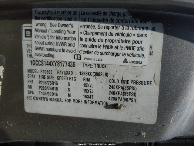 45337755 :رقم المزاد ، 1GCCS144XY8177436 vin ، 2000 Chevrolet S-10 Ls مزاد بيع