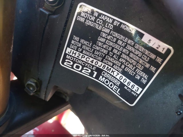Honda Cbr600 Rr 2021 JH2PC40J8MK700663 Image 10