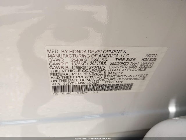 45337771 :رقم المزاد ، 5J8YD9H49NL007524 vin ، 2022 Acura Mdx Technology Package مزاد بيع