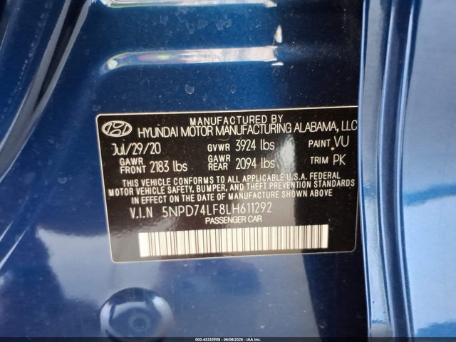 45337778 :رقم المزاد ، 5NPD74LF8LH611292 vin ، 2020 Hyundai Elantra Se مزاد بيع