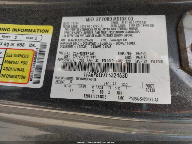 Aukcja sprzedaży 2015 Ford Mustang Gt Premium, vin: 1FA6P8CFXF5324630, numer aukcji: 45337780