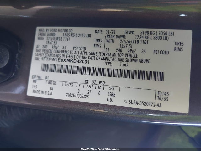 Aukcja sprzedaży 2021 Ford F-150 Xlt, vin: 1FTFW1E8XMKD42031, numer aukcji: 45337789