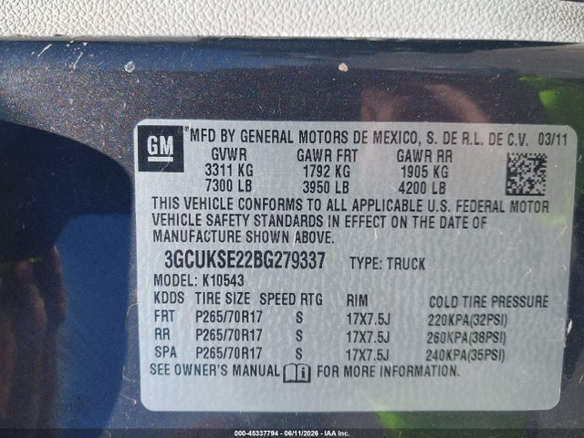 Auction sale of the 2011 Chevrolet Silverado 1500 Lt, vin: 3GCUKSE22BG279337, lot number: 45337794