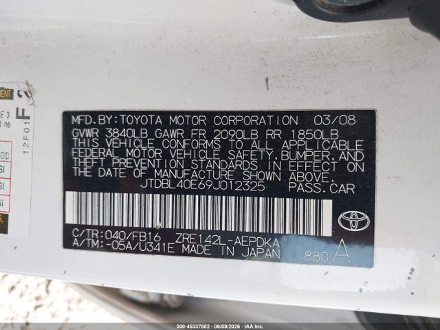 Aukcja sprzedaży 2009 Toyota Corolla Le, vin: JTDBL40E69J012325, numer aukcji: 45337802