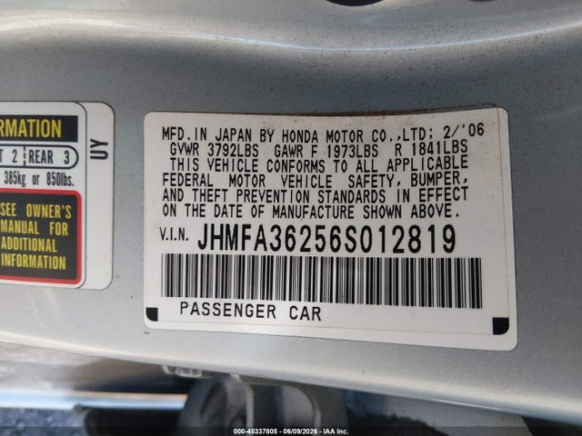 45337805 :رقم المزاد ، JHMFA36256S012819 vin ، 2006 Honda Civic Hybrid مزاد بيع