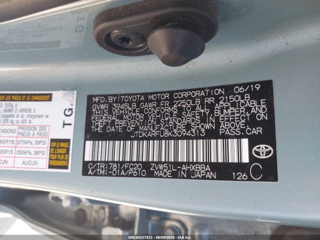 45337822 :رقم المزاد ، JTDKARFU8K3094313 vin ، 2019 Toyota Prius L Eco مزاد بيع