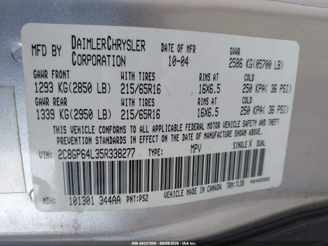 Aukcja sprzedaży 2005 Chrysler Town & Country Limited, vin: 2C8GP64L35R338277, numer aukcji: 45337850