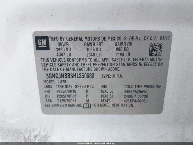 Chevrolet TRAX LS 2017 3GNCJNSB3HL250683 Image 9
