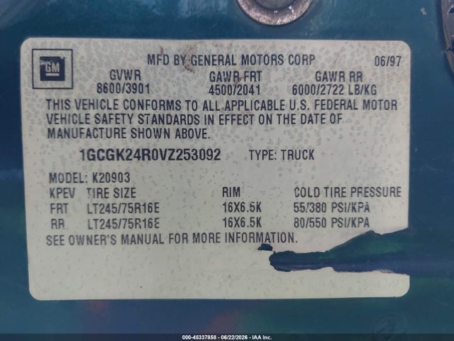 Auction sale of the 1997 Chevrolet K2500 Hd Fleetside, vin: 1GCGK24R0VZ253092, lot number: 45337858