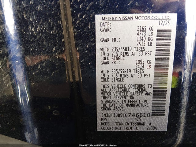 Aukcja sprzedaży 2026 Nissan Rogue Dark Armor, vin: 5N1BT3BB9TC746610, numer aukcji: 45337864