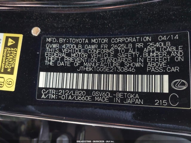 Продажа на аукционе авто 2014 Lexus Es 350, vin: JTHBK1GG5E2130846, номер лота: 45337866