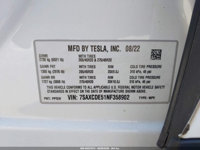 Aukcja sprzedaży 2022 Tesla Model X Dual Motor All-wheel Drive/plaid Tri Motor All-wheel Drive, vin: 7SAXCDE51NF358902, numer aukcji: 45337874