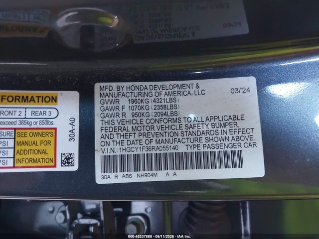 1HGCY1F36RA055140 Honda ACCORD EX