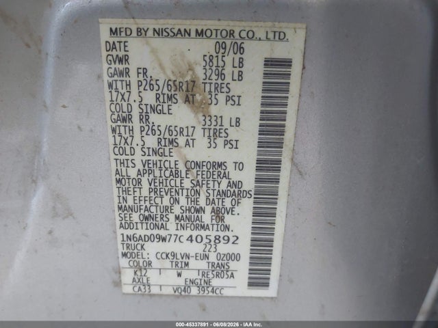 Aukcja sprzedaży 2007 Nissan Frontier Le, vin: 1N6AD09W77C405892, numer aukcji: 45337891