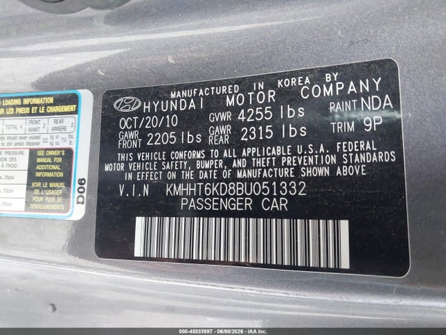 Продажа на аукционе авто 2011 Hyundai Genesis 2.0t, vin: KMHHT6KD8BU051332, номер лота: 45337897