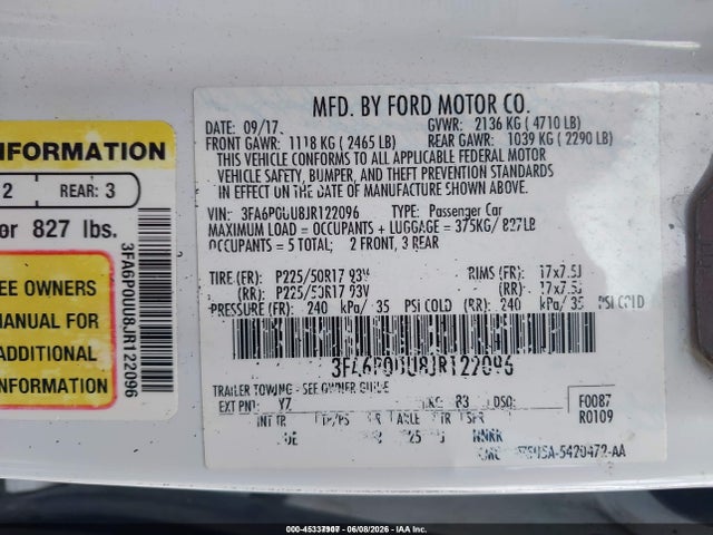 3FA6P0UU8JR122096 Ford Fusion Hybrid S