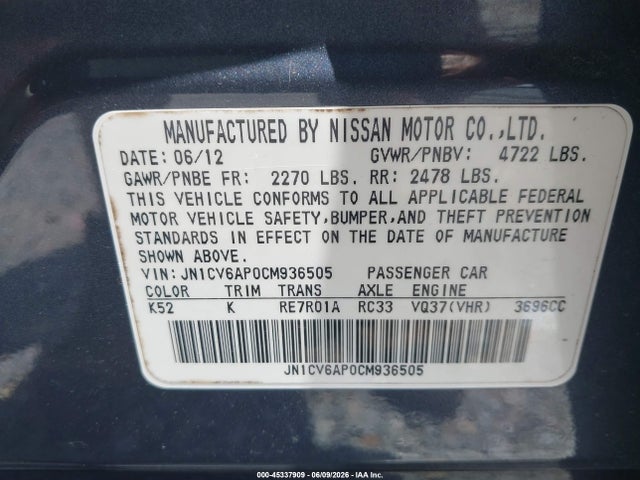 Продажа на аукционе авто 2012 Infiniti G37 Journey, vin: JN1CV6AP0CM936505, номер лота: 45337909