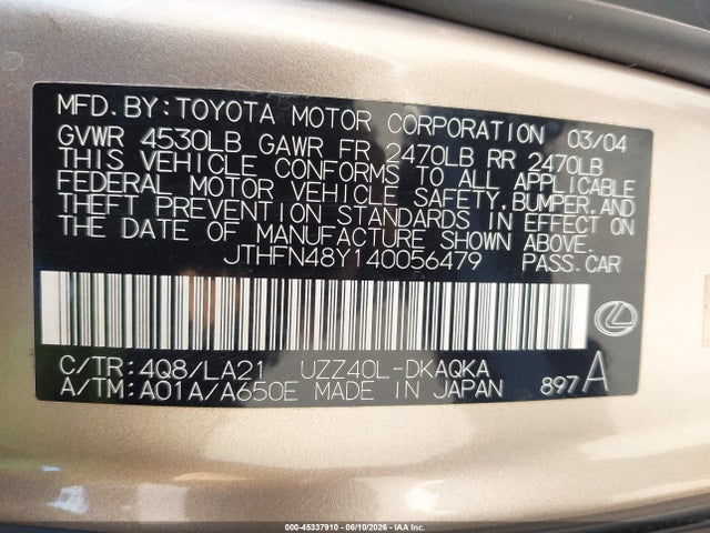 Aukcja sprzedaży 2004 Lexus Sc 430, vin: JTHFN48Y140056479, numer aukcji: 45337910