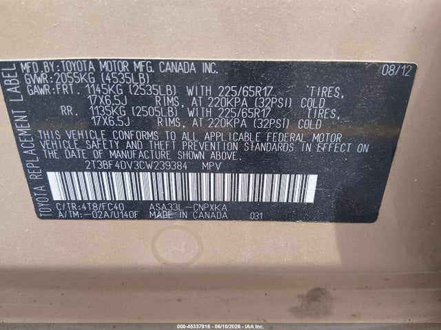 Aukcja sprzedaży 2012 Toyota Rav4, vin: 2T3BF4DV3CW239384, numer aukcji: 45337916