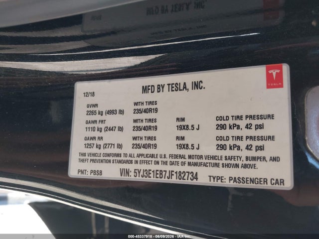 Tesla Model 3 Long Range/performance 2018 5YJ3E1EB7JF182734 Image 9