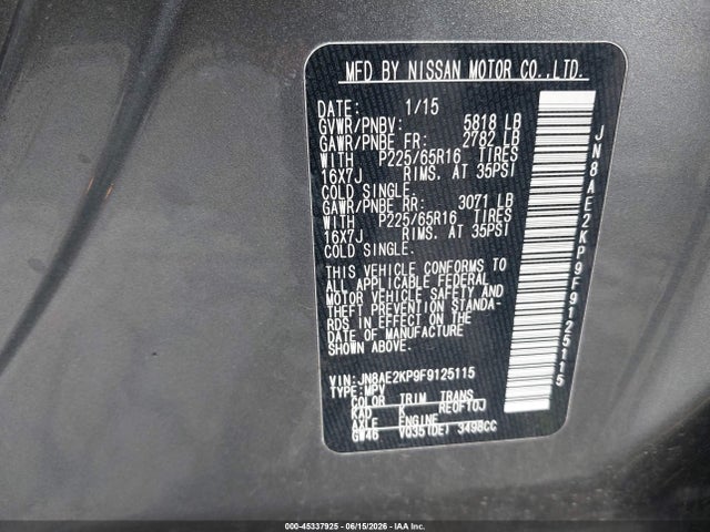 JN8AE2KP9F9125115 Nissan Quest Platinum/s/sl/sv