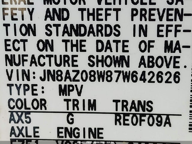 Auction sale of the 2007 Nissan Murano S, vin: JN8AZ08W87W642626, lot number: 45337933