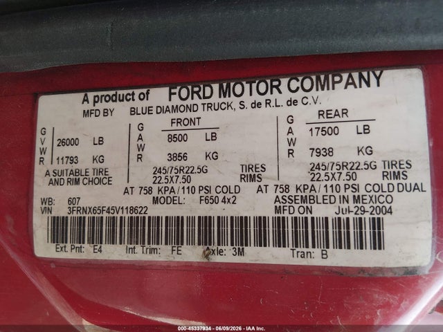 45337934 :رقم المزاد ، 3FRNX65F45V118622 vin ، 2005 Ford F-650 Xl/xlt مزاد بيع