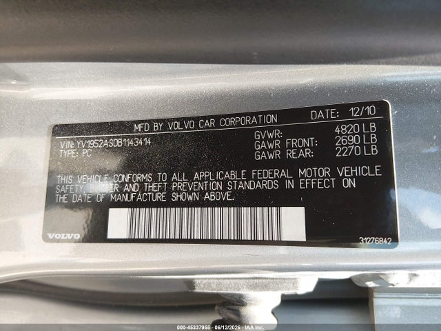 Aukcja sprzedaży 2011 Volvo S80 3.2, vin: YV1952AS0B1143414, numer aukcji: 45337955