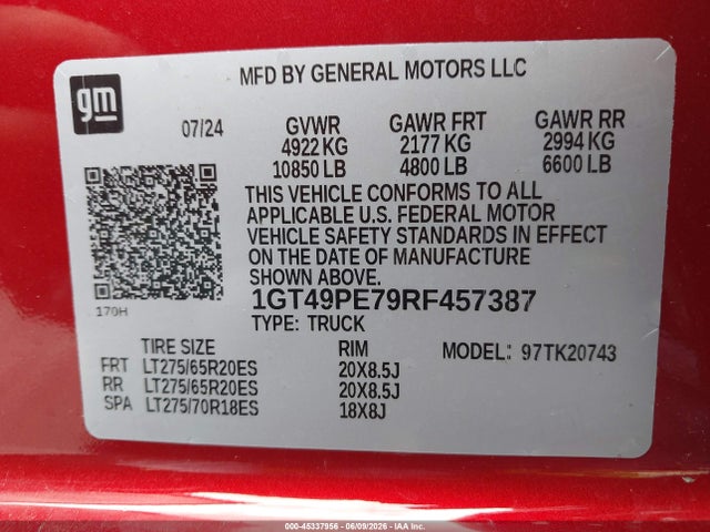 2024 Gmc Sierra 2500hd 4wd  Standard Bed At4 მანქანა იყიდება აუქციონზე, vin: 1GT49PE79RF457387, აუქციონის ნომერი: 45337956