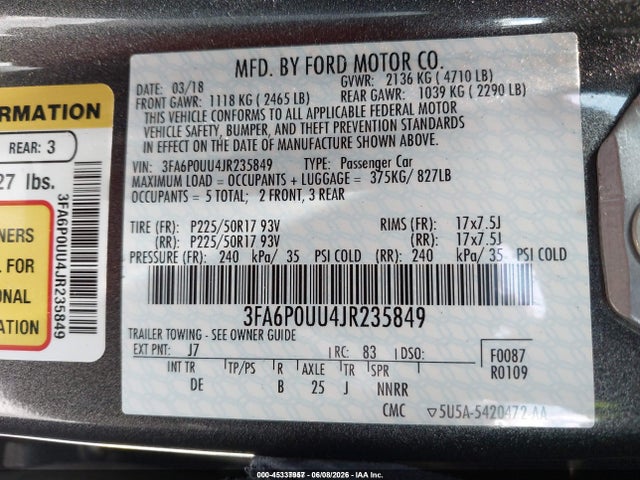 Ford Fusion Hybrid S 2018 3FA6P0UU4JR235849 Image 9
