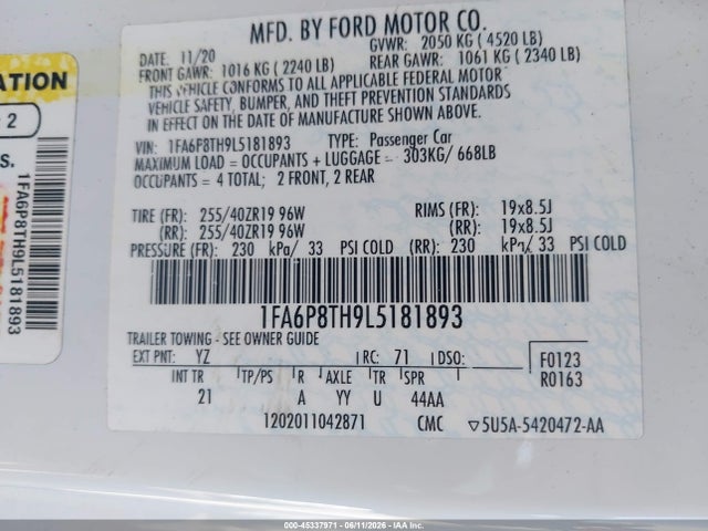 Ford Mustang Ecoboost Fastback 2020 1FA6P8TH9L5181893 Image 9