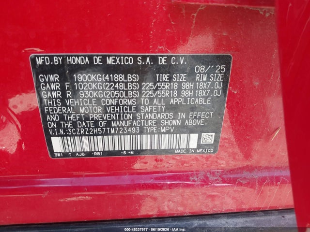 45337977 :رقم المزاد ، 3CZRZ2H57TM723493 vin ، 2026 Honda Hr-v Awd Sport مزاد بيع
