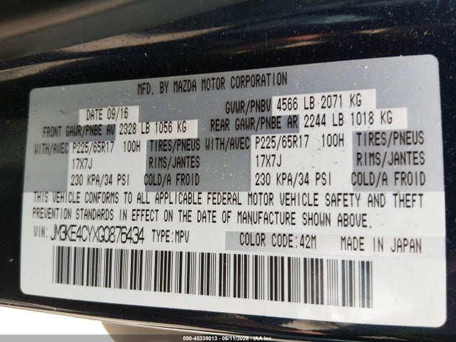 45338013 :رقم المزاد ، JM3KE4CYXG0876434 vin ، 2016 Mazda Cx-5 Touring مزاد بيع