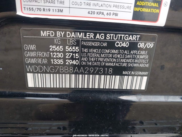 45338028 :رقم المزاد ، WDDNG7BB8AA297318 vin ، 2010 Mercedes-benz S 550 مزاد بيع