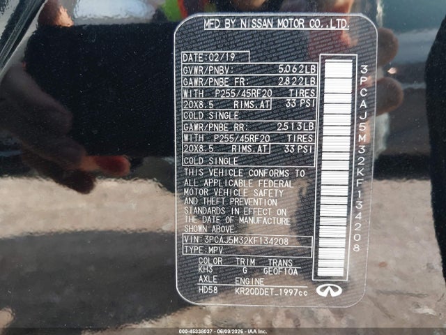 Aukcja sprzedaży 2019 Infiniti Qx50 Essential, vin: 3PCAJ5M32KF134208, numer aukcji: 45338037