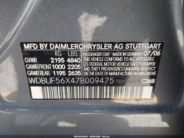 45338048 :رقم المزاد ، WDBUF56X47B009475 vin ، 2007 Mercedes-benz E 350 مزاد بيع