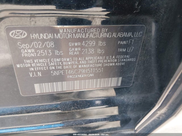 Aukcja sprzedaży 2009 Hyundai Sonata Gls, vin: 5NPET46C79H511551, numer aukcji: 45338064