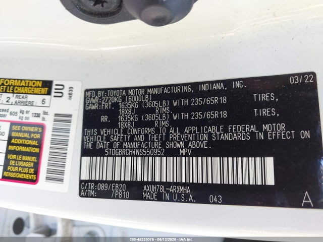 5TDGBRCH4NS550952 Toyota Highlander Hybrid Xle