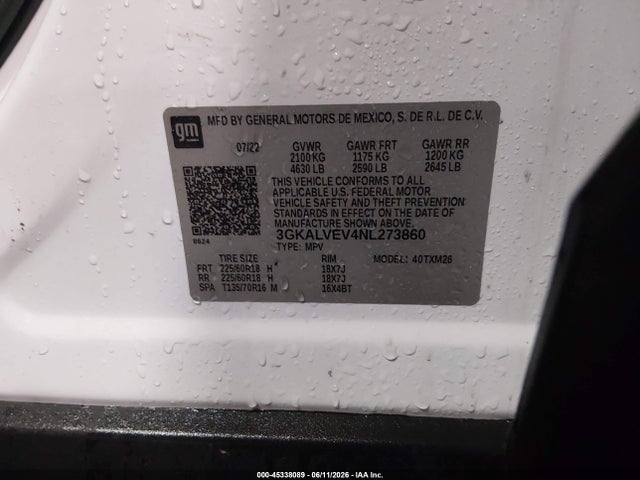 45338089 :رقم المزاد ، 3GKALVEV4NL273860 vin ، 2022 Gmc Terrain Awd Slt مزاد بيع