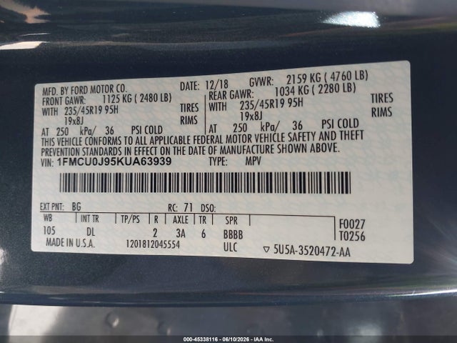 1FMCU0J95KUA63939 Ford Escape Titanium