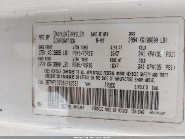 Продажа на аукционе авто 2001 Dodge Ram 1500 St, vin: 3B7HF13Z81G712531, номер лота: 45338138