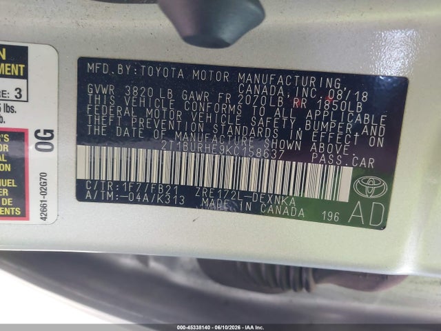 45338140 :رقم المزاد ، 2T1BURHE9KC158637 vin ، 2019 Toyota Corolla Le مزاد بيع