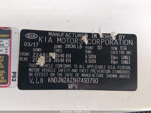 45338144 :رقم المزاد ، KNDJN2A21H7493790 vin ، 2017 Kia Soul مزاد بيع